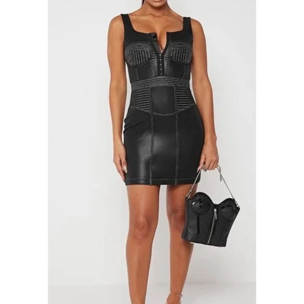 NWT Maniere De Voir mini black vegan leather corset dress